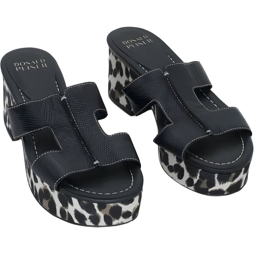 Donald J. Pliner Black Leather Platform Sandals with Leopard Print Wedge